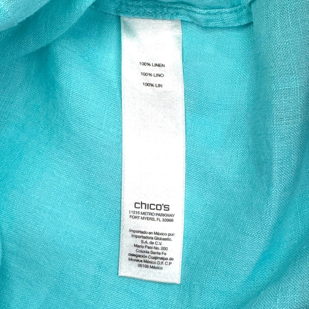 Chicos Womens Turquoise 100% Linen Button Down Roll Tab Shirt Aqua Size 1 Medium - Picture 9 of 10